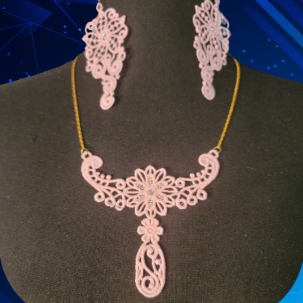 PINK Lace bridal-formal Jewelry Necklace and earrings Hand Made